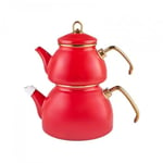 Karaca Retro Enamel Teapot Set, Titanium, Tea Infuser 1.1 L - 2.4 lb, Water Pot 2.3 L - 5.1 lb, Red, Suitable for Induction, Tea Maker, Kettle, Turkish Tea Kettle, Tea Maker