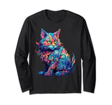 Psychedelic Manga Cat In Colorful Fantasy Animal Art Mandala Long Sleeve T-Shirt