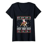 Womens Ho Ho Ho Santa Claus Riding Bull Terrier Dog Christmas V-Neck T-Shirt