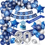 80 Ans Décoration Anniversaire Homme Chrome Bleu Argent,Royal Bleu Ballons Arch Kit avec Joyeux Anniversaire Bannière Cake Topper Nappe Birthday Sash Grand Ballon Numéro 80