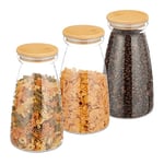 Relaxdays Lot de 3 bocaux en Verre, Couvercle en Bambou, Oblong, Conservation, 1400 ML, hermétique, Transparent/Naturel