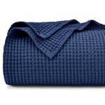 PHF 100% Cotton Waffle Blanket Double Size 150 x 200cm - Pre-Washed Soft Lightweight Throw Blanket for All Season - Perfect Blanket Layer for Couch Bed Sofa - Elegant Home Decoration Navy Blue