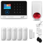 Systeme d'alarme Maison WiFi + GSM, HUXGO HXA003, + Sirène sans Fil, 5X détecteur de Mouvement, 1X capteur de Porte/fenêtre, TUYA