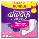 Always Discreet Incontinence Panty Liners for Women, Normal 96 Liners (24 x 4 Packs) Saving Pack, Complete Protection, for Bladder Leak, Thin and Discreet, Odour Neutraliser