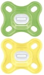 MAM Comfort All-Silicone Soothers 0-3 Months (Pack of 2), Soft and Light Newborn Soother, Premature and Newborn Essentials, with Self Sterilising Travel Case, Green /Yellow