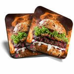 2 x Coasters - Flaming Burger Food Grill Home Gift #2654