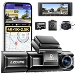 AZDOME 4K Dashcam Voiture, 4K+1080P+2.5K Triple Camera Avant Arrière Intérieur, WiFi GPS, 3,19" Dashcam avec Carte SD 64G, Vision Nocturne, WDR, G-Capteur, Mode Stationnement, Enregistrement en Boucle