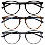 OPULIZE Met Lunettes Anti-Lumière Bleue Pack de 3 Montures Rondes et Minces Charnières à Ressort Améliore le Sommeil Jeux Ordinateur Noir Marron Transparente Hommes Femmes BBB60-12C +0.00