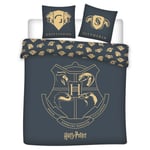 Parure de lit double réversible Harry Potter - Blason Hogwarts - Noir et Doré - 220 cm x 240 cm