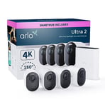 Arlo Ultra 2 Security Camera Outdoor, 4K 6-Month* Battery Operated Home CCTV Camera With Colour Night Vision, Light, Micro SD Card & WiFi, Arlo Secure Free Trial, 4 Cameras and Smart Hub, White
