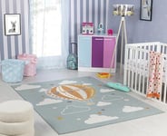 Surya Montgolfière Tapis Chambre Enfant Bleu, Blanc, Brun, Moutarde - Tapis Enfant Poil Court Coloré et Doux pour Chambres à Coucher, Salle de Jeu - Tapis Chambre Fille, Garçon, Bébé - 120x170cm