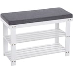 Banc à chaussures en bambou, Étagère à chaussures à 2 niveaux, Organisateur, stable, pour entrée, salon, charge 150 kg, 71 x 29 x 49 cm, Blanc et