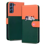 LSPCASA Housse pour Samsung S21 FE Animaux Dessin Animé Etui pour Coque Samsung S21 FE 5G avec Fentes pour Cartes Coque S21 FE pour Samsung Galaxy S21 FE 5G Vert Orange