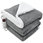 GlamHaus Heated Throw Electric Fleece Over Blanket Sofa Bed Large 160 X 130cm - 9 Heat and 9 Timer Auto Shut Off, Soft, Reversible Design, Digital Control, Machine Washable, (Grey)