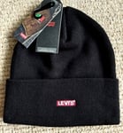 LEVI'S Black Cuff BEANIE RED LOGO Hat Toque UNISEX MADE IN ITALY