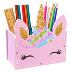 Basumee Porte-crayon coloré pour enfants, Porte-stylo en bois pour le bureau, Organisateur de bureau pour fournitures de bureau et fournitures de pinceaux de maquillage,Licorne rose