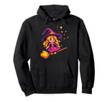 Pixelated Little Purple Witch on a Broomstick for Kids Pullover Hoodie