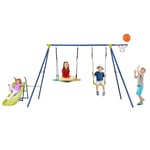 4-in-1 Outdoor Kids Swing Set Heavy-Duty Metal Playset w/Slide Basketball Hoop