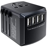 Adaptateur de Voyage Adaptateur Universel avec 4 Prises USB + AC Adaptateur de Voyage International Adaptateur Monde pour UK USA EU AUS Chine Australie Thaïlande Asie 180+ Pays (Noir)