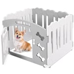 Parc pour Chien Interieur 60cm Haut, Enclos pour Chien 3+1 Panneaux, Plastique Parc Chiot Pliable avec Portail, Ventouses et Ancrages au Sol, Parc Chien Chat Lapin Interieur Extérieur, Gris-Blanc