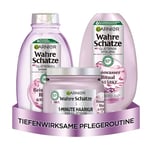 Garnier Wahre Schätze Lot de 3 flacons de soin lissant à l'eau de riz pour cheveux mi-longs Pour plus de brillance et de souplesse Shampooing 250 ml Après-shampoing 200 ml Cure capillaire 1 minute 340