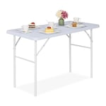 Relaxdays Table de Jardin, Aspect Bois, rectangulaire, Plastique et métal, Pliable, H x L x P 74 x 118 x 60 cm, Blanche