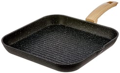 ALLUFLON Etnea Wood Edition Grill, revêtement Ardoise Anti-adhésif et Anti-Rayures en Aluminium, Poignée Effet Bois, Lavable au Lave-Vaisselle, 28x28 cm