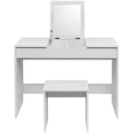 Coiffeuse Table de maquillage en mdf, Coiffeuse table cosmétique avec tabouret et miroir pliable, 100x45x76 cm, Blanc Woltu