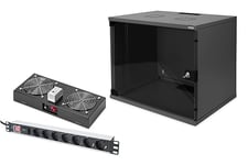 DIGITUS Set: Armoire réseau 19" 9U + ventilateur de toit + bloc multiprise 7 ports // Rack 19 pouces - Non monté - Montage mural - Profondeur 400 mm - Charge 60 kg - Profondeur utile 170-270 mm - Noir