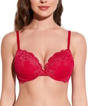 Deyllo Soutiens-Gorge Femme Rembourré avec Armature Dentelle Lingerie Push-up Brassiere Classiques Brassière Maintien Rouge Lave 95D