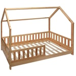 Lit cabane enfant en bois coloris beige ficelle - Longueur 195 x Profondeur 98,2 x Hauteur 145,7 cm Pegane