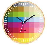 fisura. - Horloge murale originale pixel. Horloge de cuisine moderne. Horloge murale multicolore. 30 centimètres de diamètre. Bois et verre. 1 pile AA.
