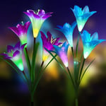 Outdoor Solar Garden Stake Flower Lights [2Pack],Multi-Color Changing LED Lily Flower Lights with 8 Lily Flowers, Waterproof Solar Powered Lights for Patio, Lawn, Garden, Yard Decoration (Blue＆purple)