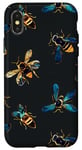 Coque pour iPhone X/XS Coque de téléphone motif géométrique bleu avec abeilles sur noir