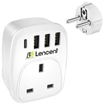 LENCENT UK to European Travel Adapter with 3 USB Ports and 1 Type C, Grounded EU Euro Europe Plug Adapter or Germany Spain France Portugal Greece Russia Netherlands Turkey and more (Type E/F)