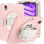 Coque pour iPad Mini 6 8,3" génération 2021, Coque de Protection Militaire Antichoc à 3 Couches avec Porte-Stylo, Support et dragonnes, Rose