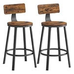 VASAGLE Tabouret Bar Industriel, Lot de 2, Chaises Bar Cuisine, avec Dossier, Cadre en Acier, Siège de 62,5 cm de Haut, Montage Facile, Style Industriel, Marron Rustique et Noir LBC076B01