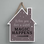 WHEN YOU LOVE A WITCH HOUSE SHAPED WITCHCRAFT THEMED HALLOWEEN WOODEN PLAQUE