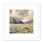 Wind Mountain Columbia River Landscape Painting 8X8 Inch Square Wooden Framed Wall Art Print Picture with Mount