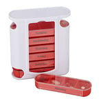 Relaxdays 10023633_358 Pilulier 7 jours 4 compartiments anglais boîte médicaments semainier matin midi soir nuit, blanc rouge, Plastique, 13 x 11,5 x 4,5 cm