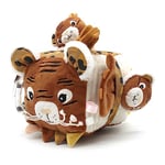 LES DEGLINGOS - Cube d'activités en tissu Speculos le tigre - Jouet d'éveil sonore et tactile pour bébé - Jouet de développement - Cadeau de Naissance - 12cm - Ocre