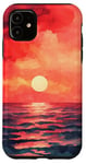 Coque pour iPhone 11 Housse de téléphone motif aquarelle géométrique plage et océan coucher de soleil rouge