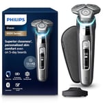 Philips Shaver Series 9000 - Wet and Dry Electric Shaver for Men in Chrome Silver with Lift and Cut, SkinIQ Technology, Pop-up Beard Trimmer, Charging Stand and Travel Case (Model S9975/35)