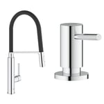 GROHE Robinet de cuisine évier Feel, Robinet avec douchette extractible, Bec en forme de U & Distributeur de savon encastrable, distributeur savon cuisine, distributeur savon liquide