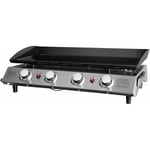 Plancha Bahia 4 feux Cooking Box - Surface cuisson 80 x 36 cm - 4 brûleurs ronds Inox - Plaque acier émaillée - Piezo mécanique - Récupérateur de