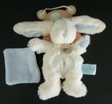 Ni1. DOUDOU BABY NAT LAPIN BLANC ECRU AVEC MOUCHOIR BLEU CROIX 19cm - 100% NEUF*