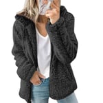 Dam Fleece Fluffig Huvtröja Långärmad Jacka Vinter Varm Teddybjörn Cardigan Black XXL