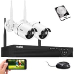 maisi Wireless CCTV Security Camera System with 500GB Hard Drive for up to 30 days Recording, 4 Channel NVR, 2pcs 3MP HD Outdoor WiFi IP Bullet Camera (Night Vision, P2P, APP/Email Alert, Waterproof)