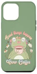 Coque pour iPhone 14 Pro Max Grenouille tenant une tasse de café, Good Things Happen Over Coffee