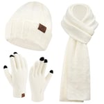 Femme Hiver Chaud Tricoter Bonnet Chapeau Gants Tactiles Longue Echarpe Ensemble avec Doublure Polaire Casquette Crâne, Blanc